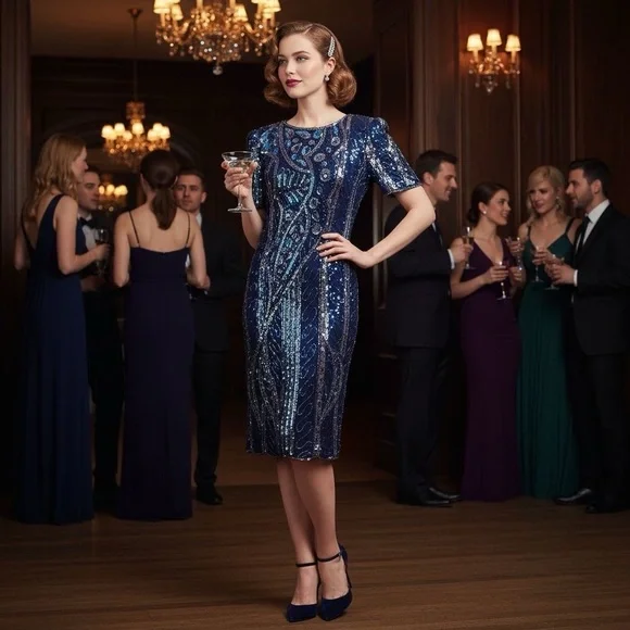 NWT VINTAGE SWEE LO Handmade Beaded & Sequin Navy Blue Cocktail Dress Deadstock - Picture 2 of 13